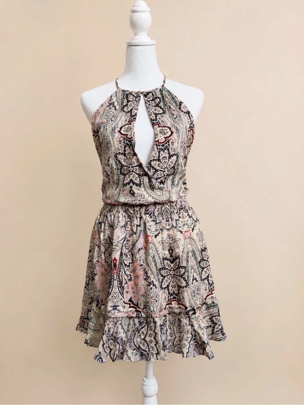 Parker 100% Silk Paisley Halter Mini Dress Smocked Waist Size M NWT.